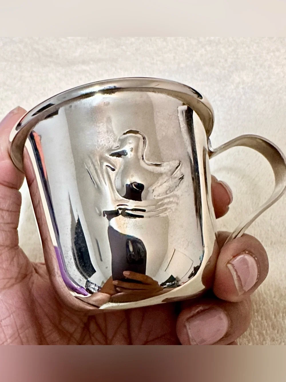Godinger Silver Plated Baby Cup Embossed Duck Vintage Handled Child Mini Mug